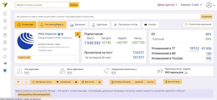разные вкладки в программе аналитики telegram