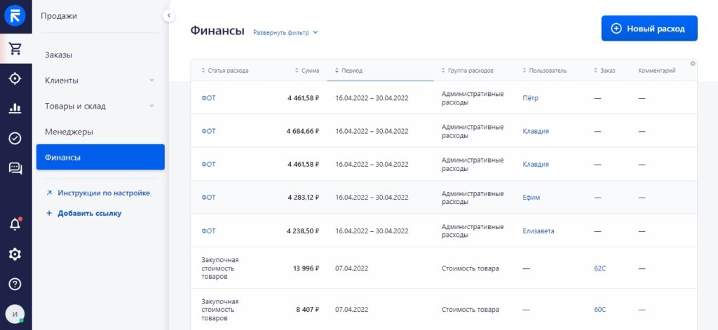 Отчет по финансом RetailCRM