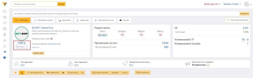 Информация цен на рекламу в программе аналитики телеграмм