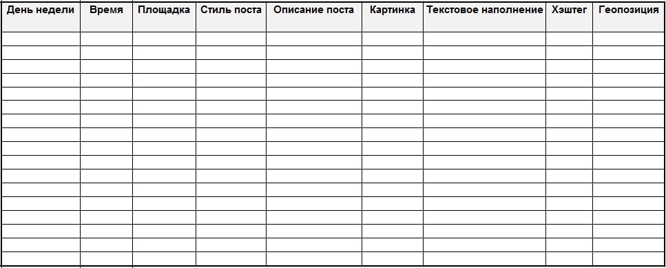 контент план для инстаграм шаблон шаг 1